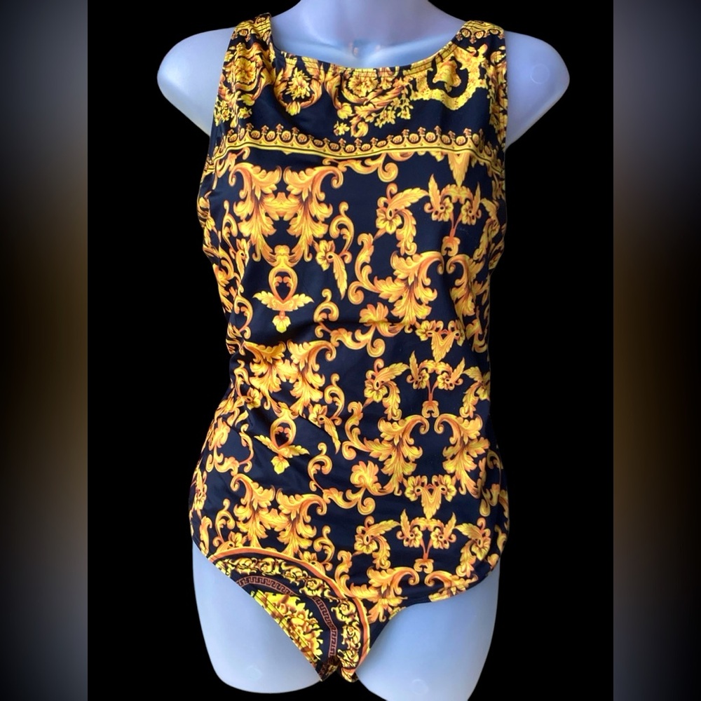 Elegant Black & Gold Rococo Print One Piece Swimsuit (S3) - Picture 1 of 11